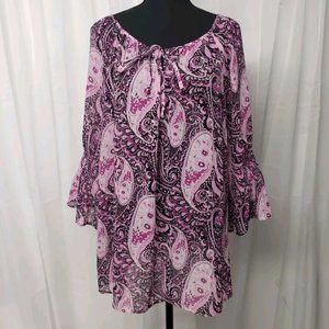Lane Bryant Purple Paisley Semi Sheer Flared Cuff Peasant Blouse 14/16